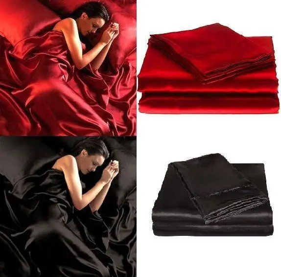 

10 95gsm 4 Pce Satin Silky Soft QUEEN Bed Fitted Bed Sheet Set - RED BLACK