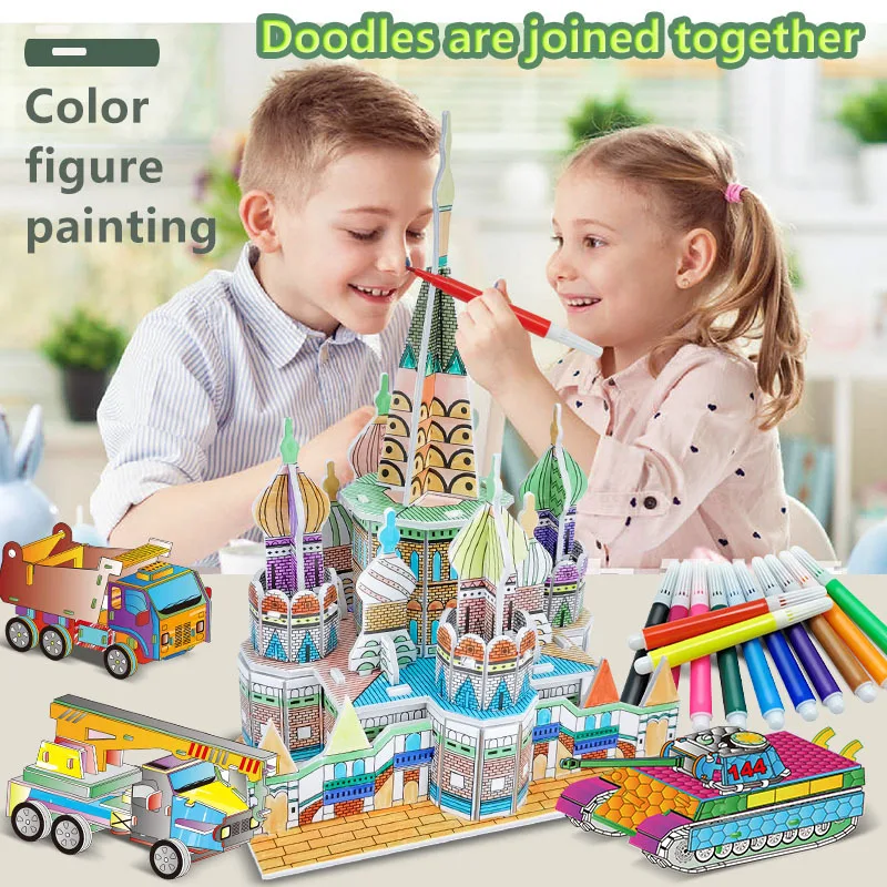 

3D Painting Puzzle DIY Castle Manual Painting Early Education Childrens Puzzle Assembly Model Kids Christmas Birthday Gift Toys