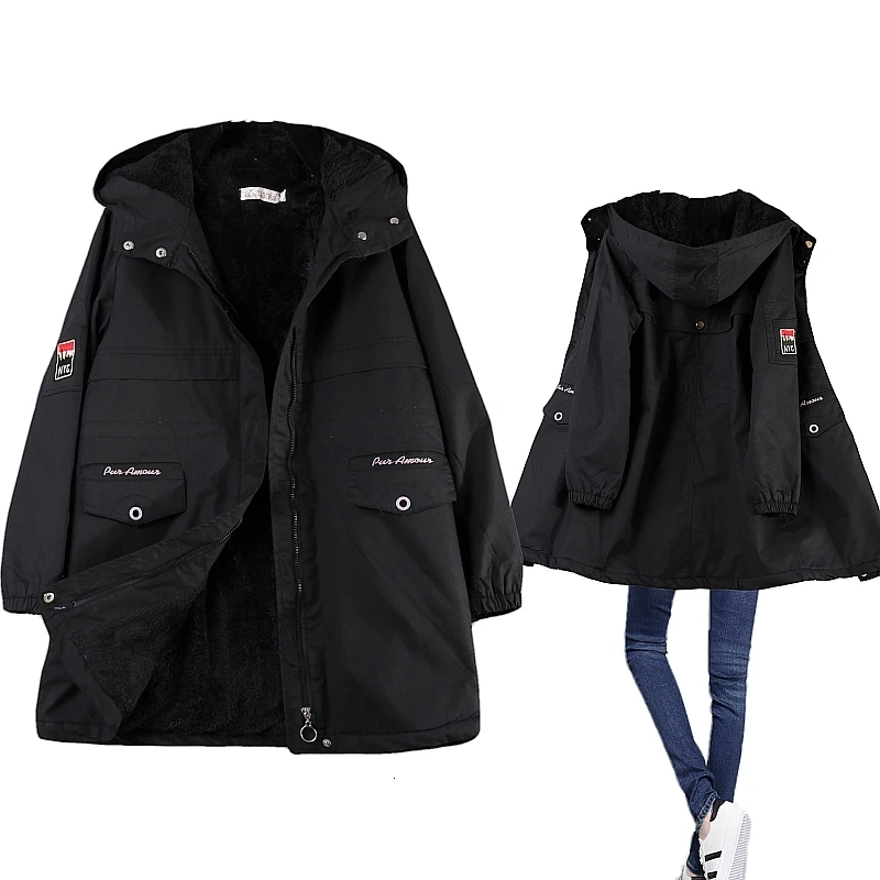 

Winter Fleece Women Parka Hooded Mid Length Loose Warm Coat Padded Pink Blue Female Windbreaker Jacket