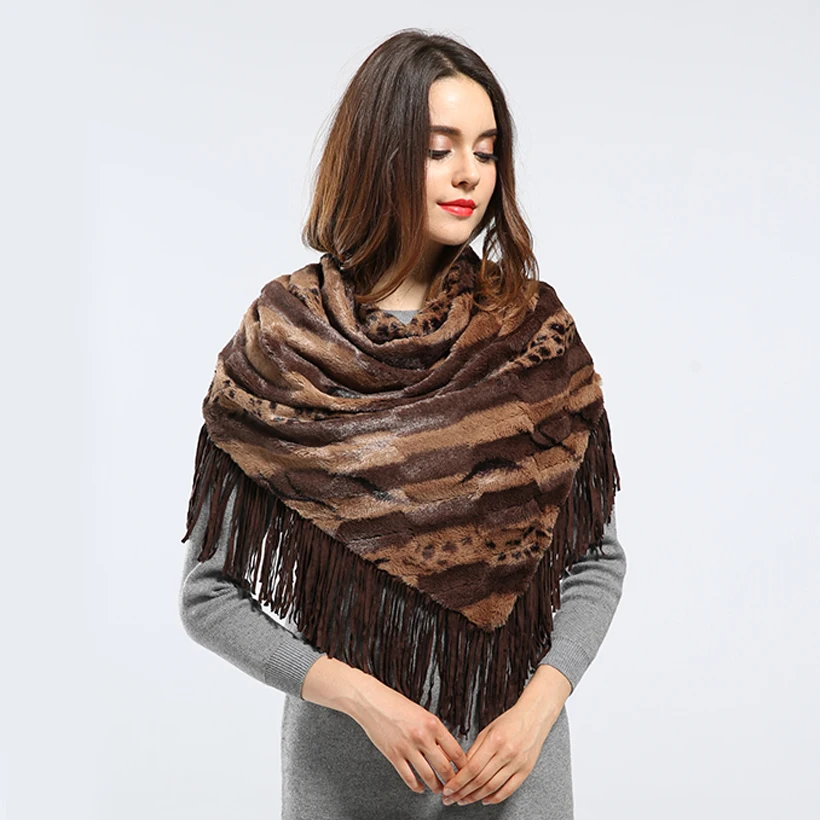 Новинка Вязаная Шаль из кроличьего меха женская мода треугольное меховое пончо