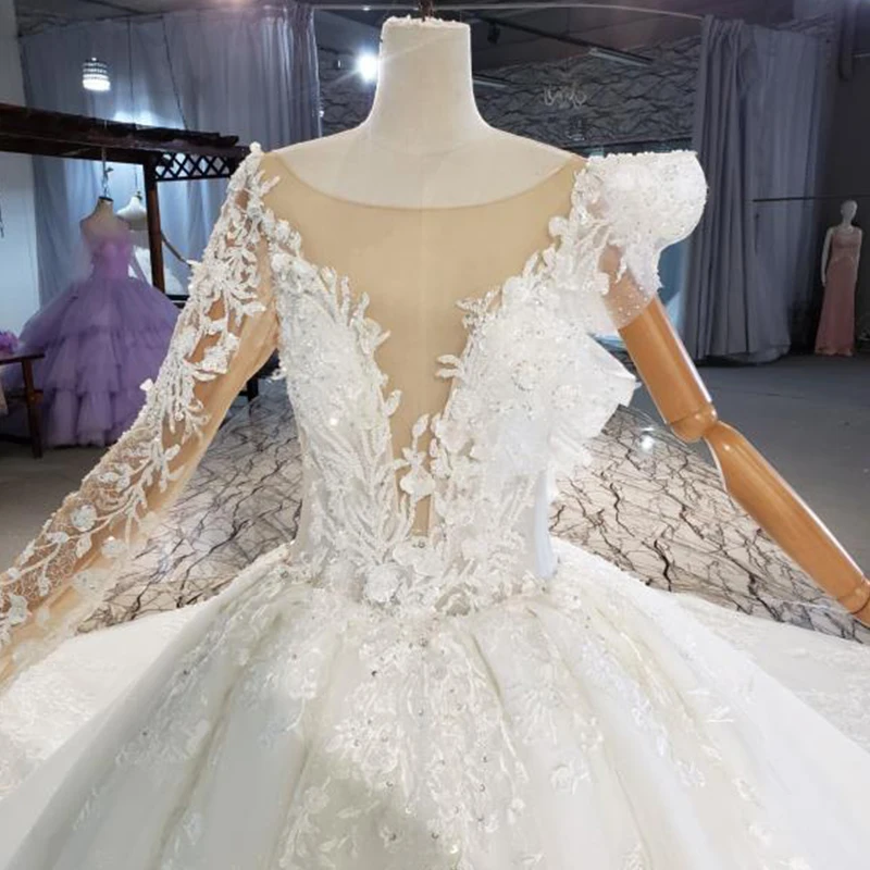 HTL1926 Elegant White Wedding Dress Palace Style Luxury Gorgeous Deep V-neck Lace One Shoulder Long Sleeve Gown Sexy Bridal Gown