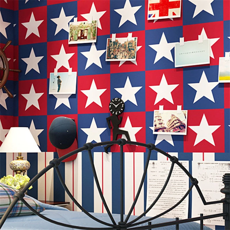 beibehang British style Mediterranean children's room AB version five-pointed star vertical stripes PVC background wallpaper |