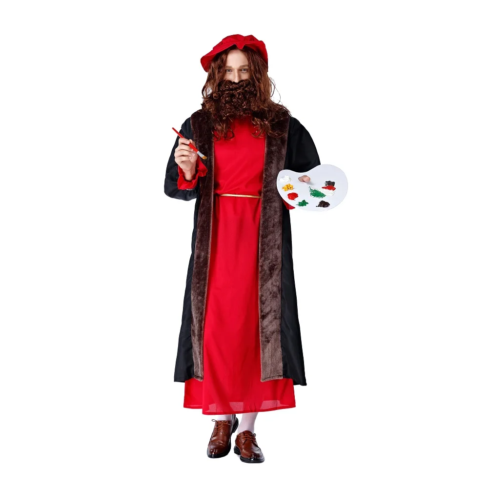 

Halloween Carnival Painter Cosplay Costume Role Play Red Dress with Black Windbreaker and Hat Stage Performance Clothing