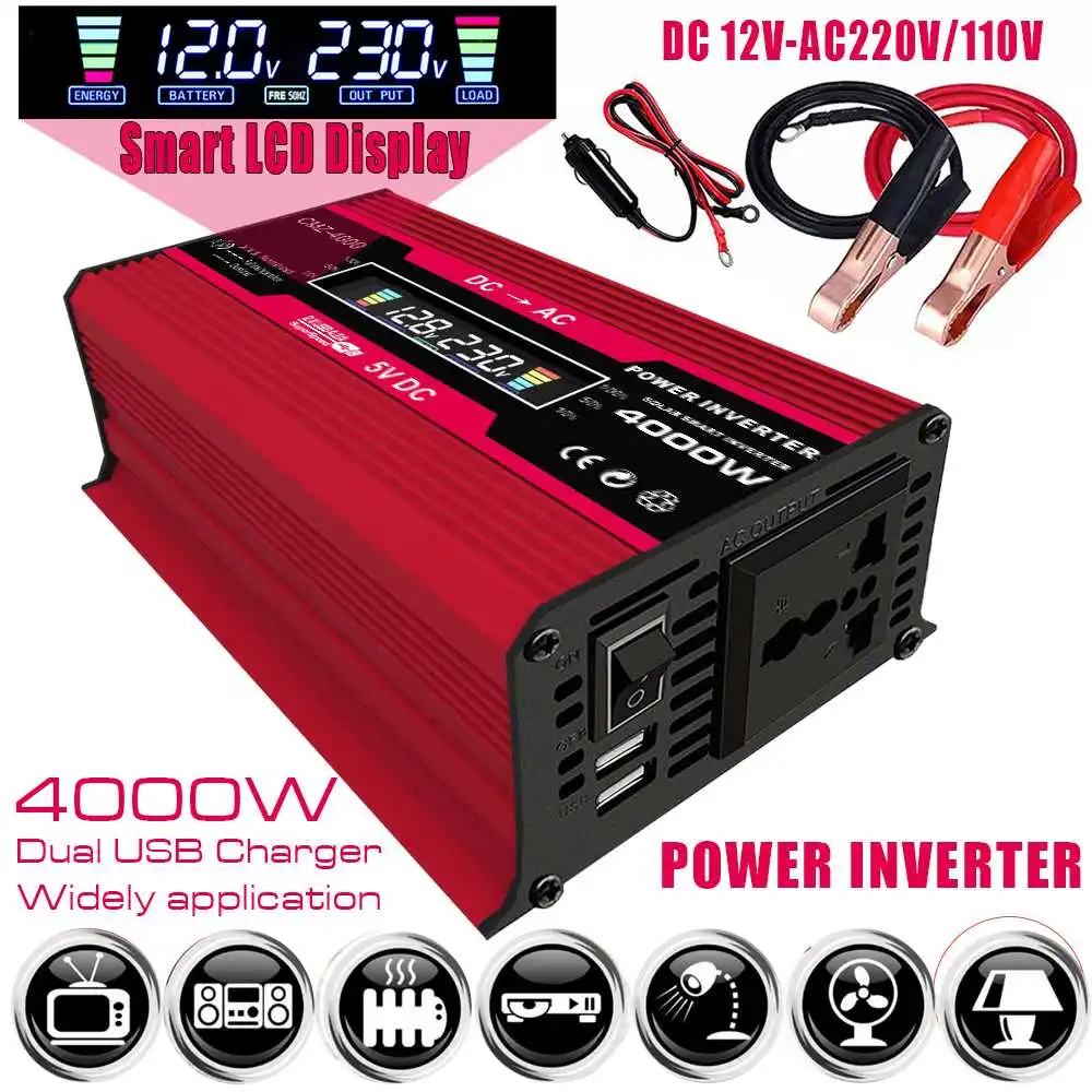 

4000W Power Inverter Sine Wave DC 12V To AC 110V/220V Converter Peak Intelligent Color Screen Solar Modified USB for Car Home