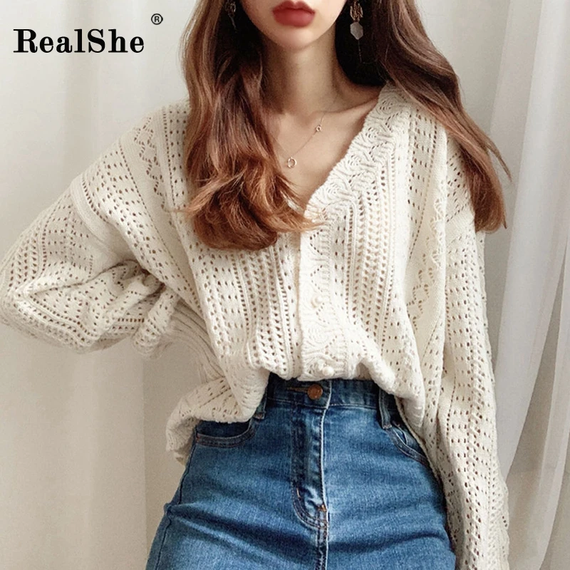 RealShe свитер кардиган для женщин с v образным вырезом полый Однотонный женский 2020