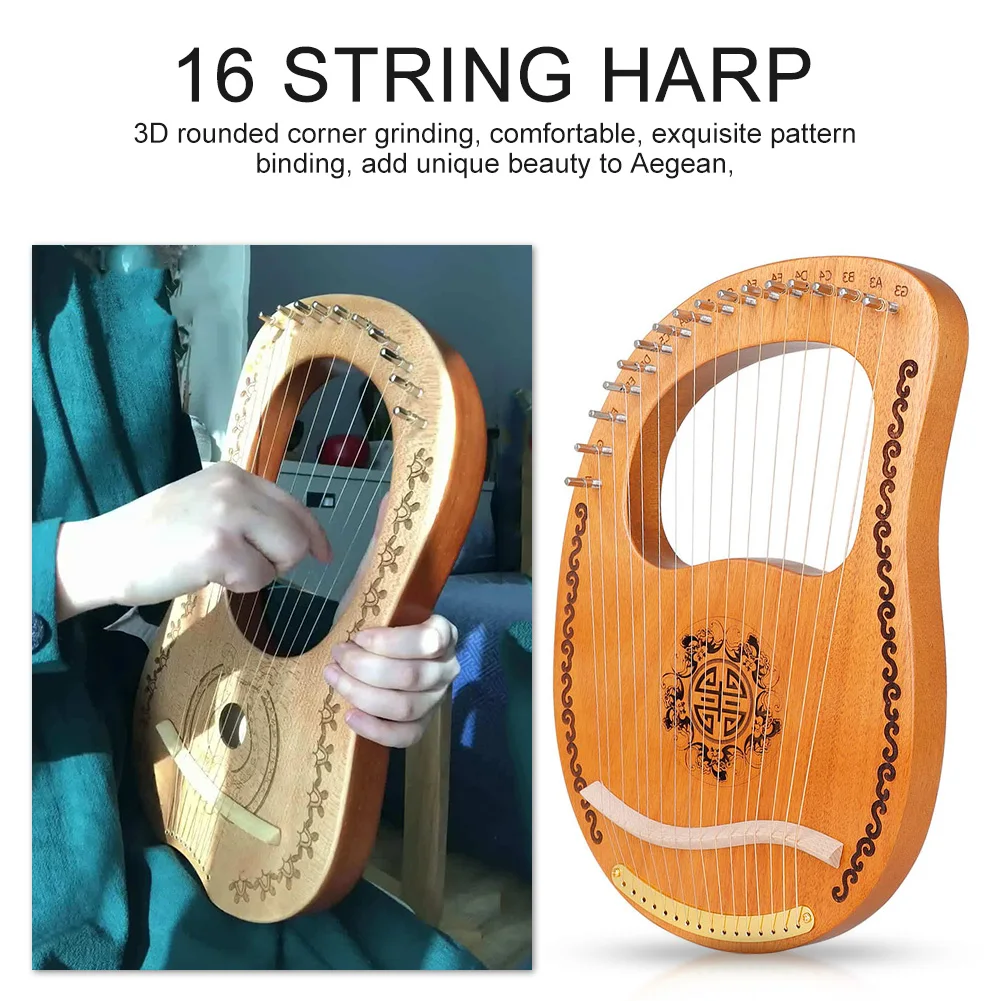 

Portable 16 Strings Wooden Lyre Harp Musical Instrument Beginner Stringed Instrument Lyre Harp with Tuning Wrench