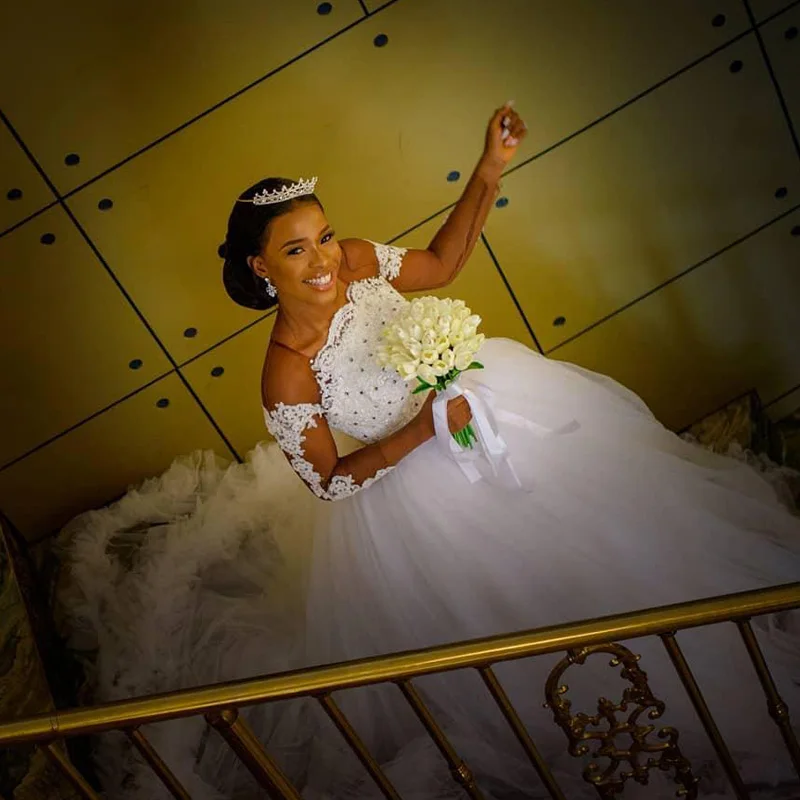 Дешевое Белое Бальное Платье Свадебное платье с прозрачным рукавом на шнуровке