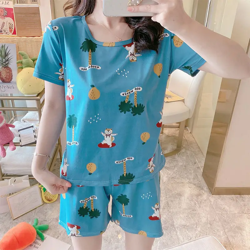 

Women Summer New Trendy Simple Korean Sweet Printed Loose Schoolgirls Homewear Kawaii Leisure Soft Womens Sleepwear Pajama Sets