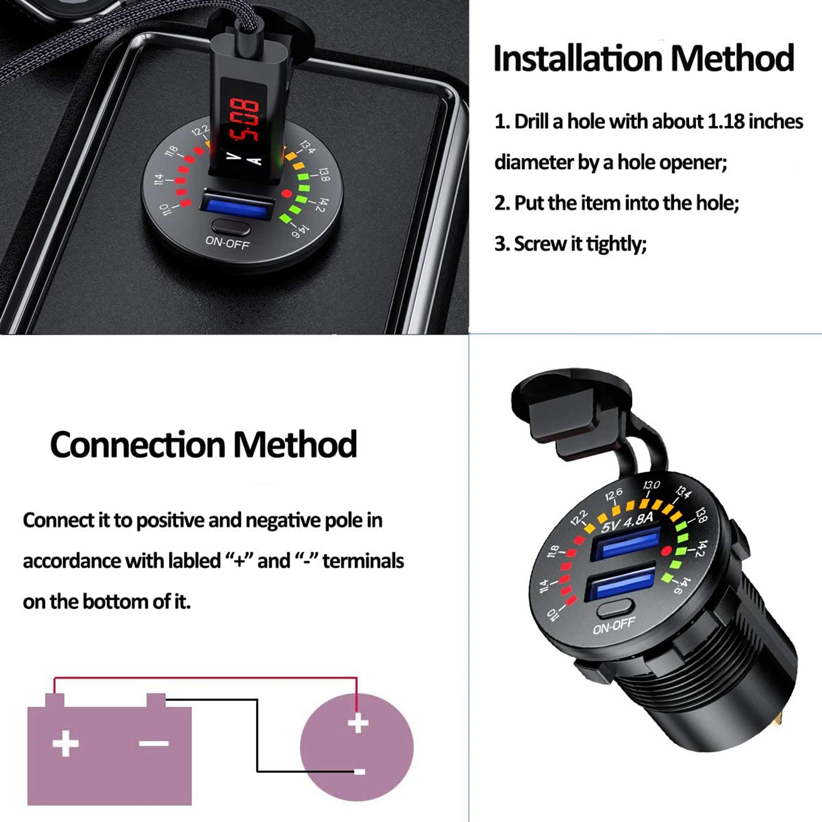 

AOZBZ Universal Car Motorcycle Charger Dual USB 4.8A Cigarette Lighter Lighter Sockets Dual USB Charger Waterproof Switch ON/Off