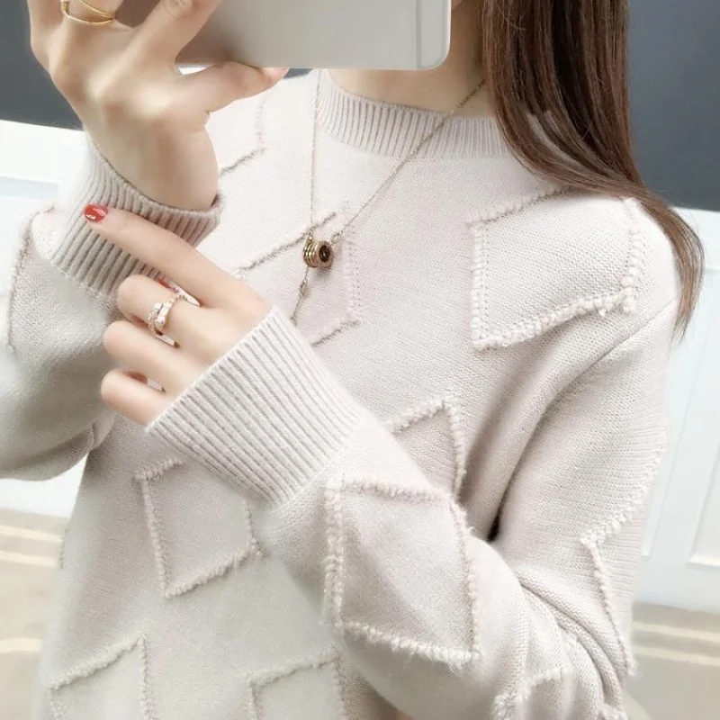 Women Solid Winter Sweater Chic Thick Pullovers Fashion Knitting Geometric Ladies Long Sleeve Casual Warm Lady |