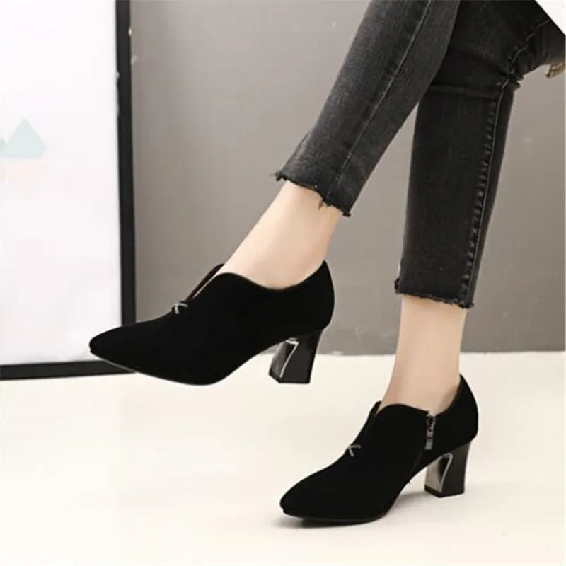 

HOT 2020 New Spring Pointed Toe Matte Sheepskin Leather Shoes High Heels Women Black Shoes Deep Mouth Large Size Heel High Shoes