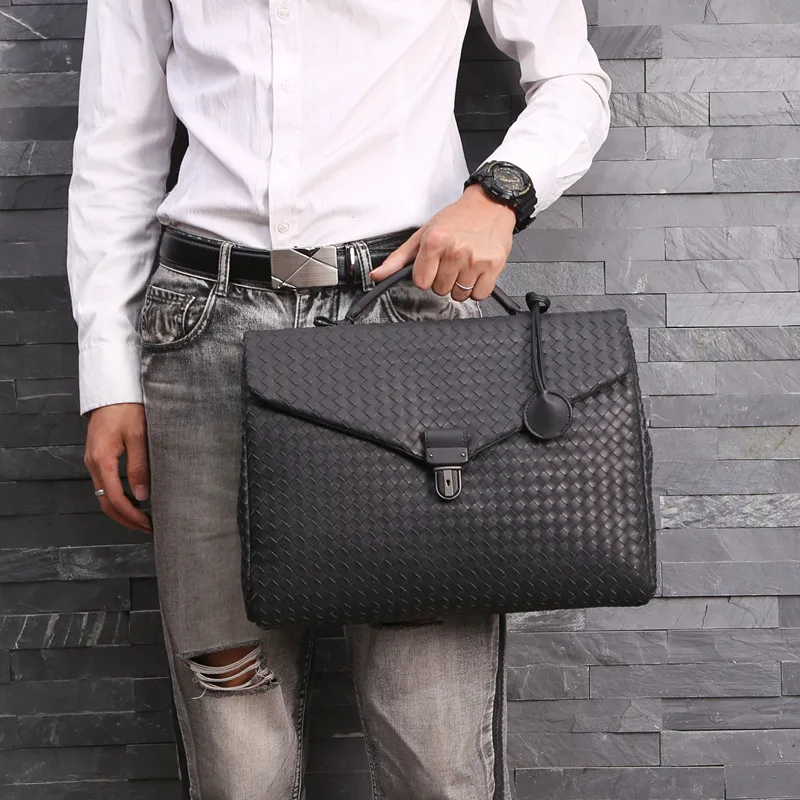 Kaisiludi leather woven men's bag handbag business men's briefcase waxed cowhide postman bag computer shoulder slant span bag