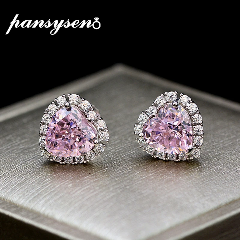 

PANSYSEN Romantic 5ct 8x8MM Heart Lab Moissanite Pink Quartz Stud Earrings Solid 925 Sterling Silver Fine Jewelry Earrings Gift