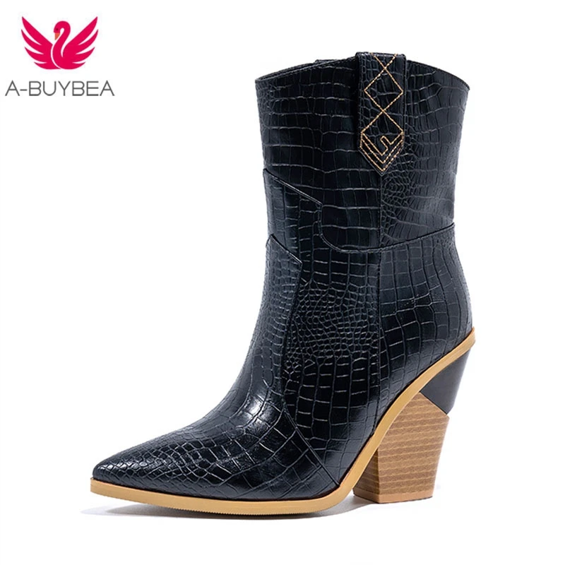 Модная обувь из тисненой искусственной кожи Женские ботильоны с острым носком