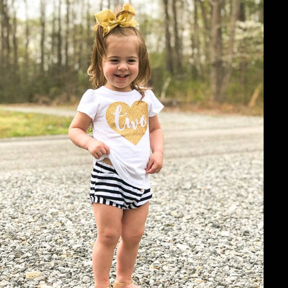 

personalized Two In Heart 2nd Birthday Outfit For Girls - Custom White Gold Glitter T-Shirt + Black Striped Shorts/2-piece suits