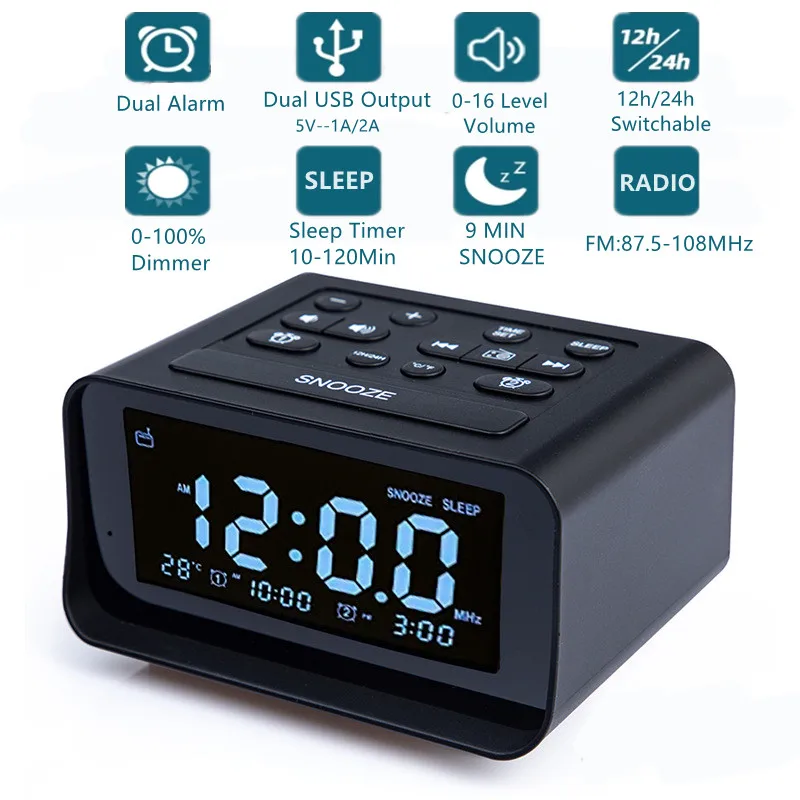 

LED Digital Alarm Clock Radio 0-100% Dimmer, Dual Mode Alarm,6 Alarm Sounds,FM,Snooze,2 USB Ports,Thermometer,Headphone Jack