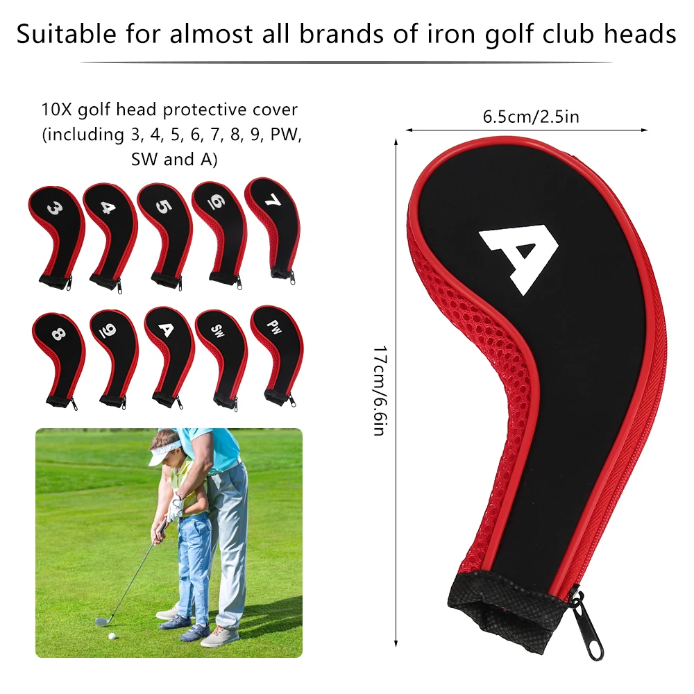 

10pcs/set Golf Clubs Iron Head Covers Headcovers with Zipper Closure Putter Cover Protect Golf Head Cover(3,4,5,6,7,8,9,PW,SW,A)