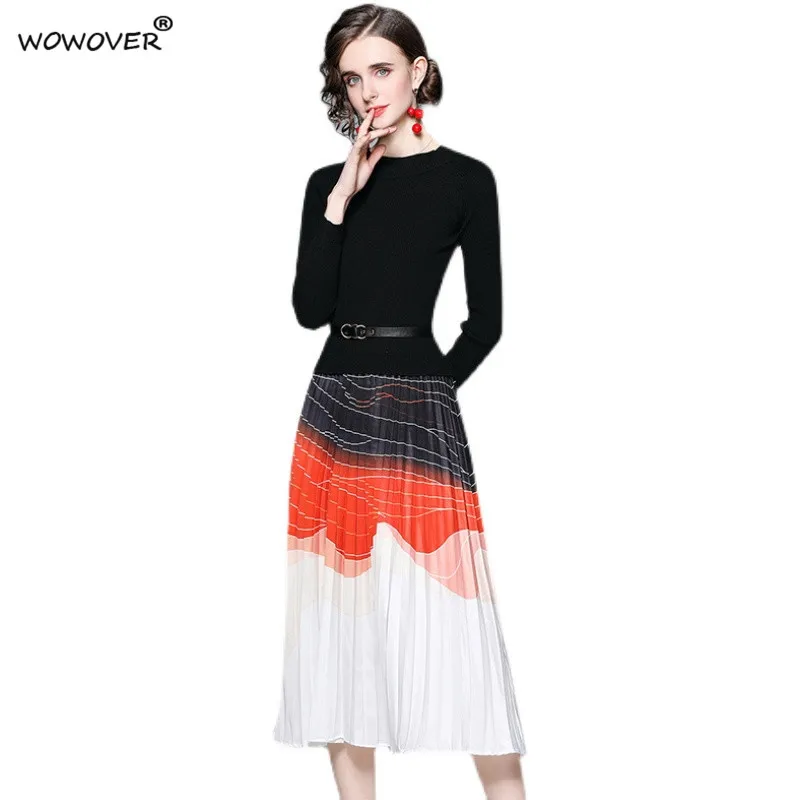 

Fashion Runway Designer Autumn Winter Print Patchwork Knitting Dress Women Long Sleeve Pleated Midi Vestidos Sweaters Robe Femme
