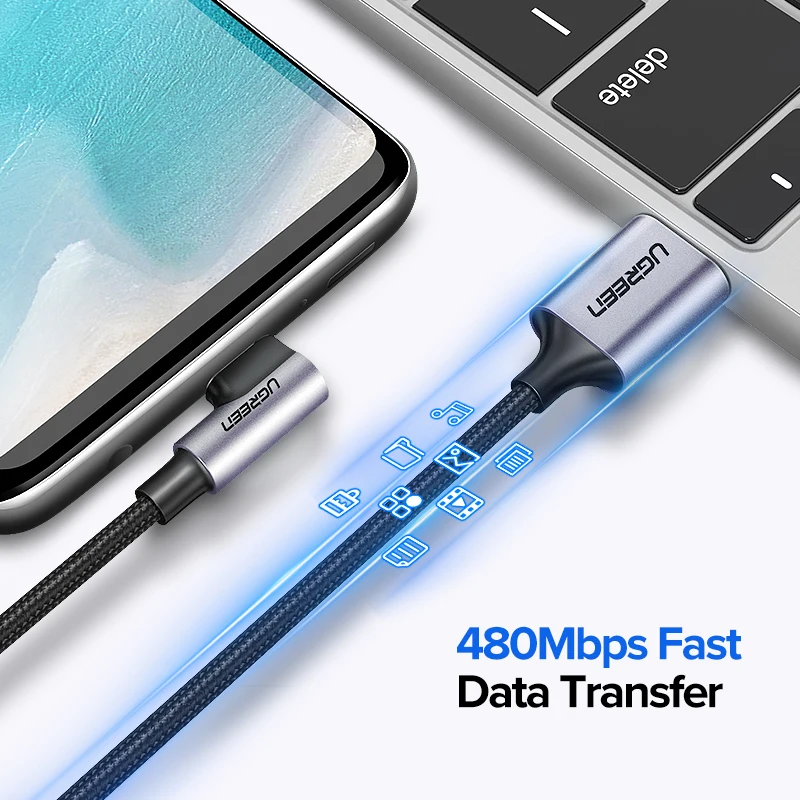 Ugreen нейлоновый USB C кабель 90 градусов Быстрое Зарядное устройство usb type C кабель для Xiaomi Mi 8 samsung Galaxy S9 Plus мобильный телефон USB-C шнур