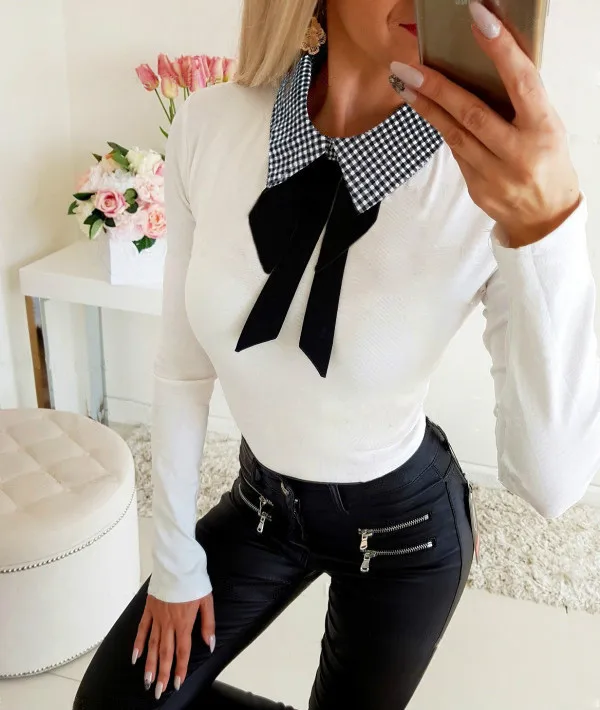 Элегантная рубашка клетчатые топы с отворотом женская длинным рукавом