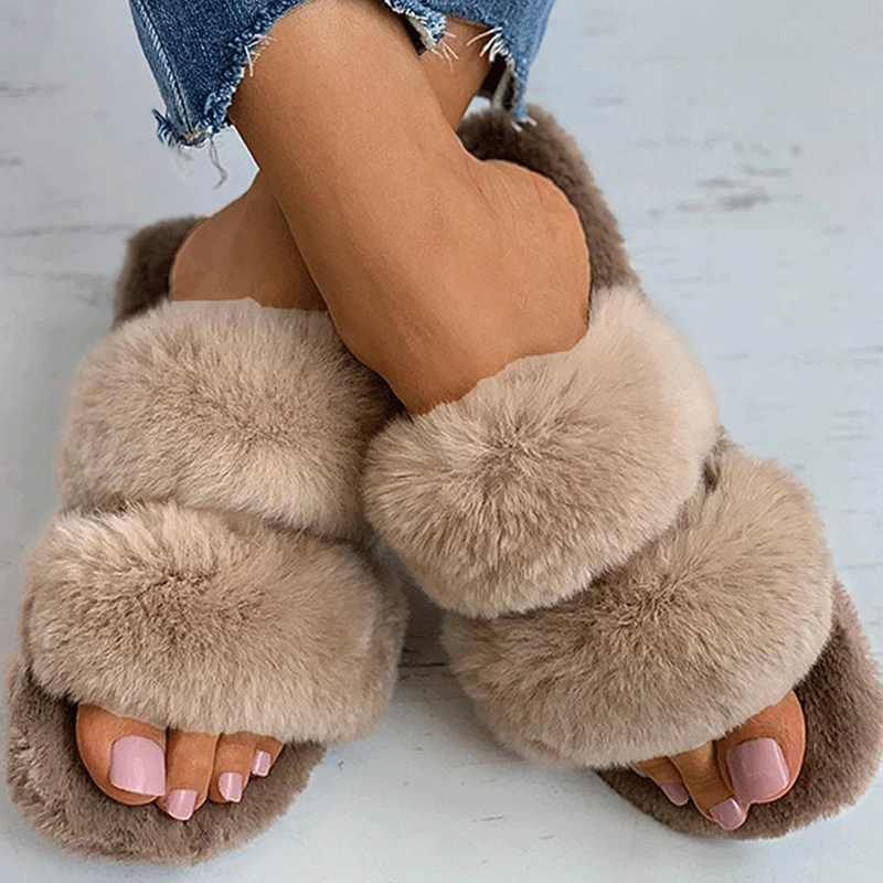 

2020 Fashion Women's Comfortable Platform Shoes Non-Slip Soft Flat Indoor Faux Fur Sandals Fluffy Open Toe Casual Slippers