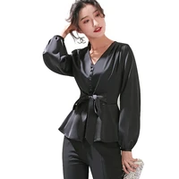 2021 spring women casual beltfashion long sleeves office blouse vintage femme v neck office shirts elegant imitation silk blouse