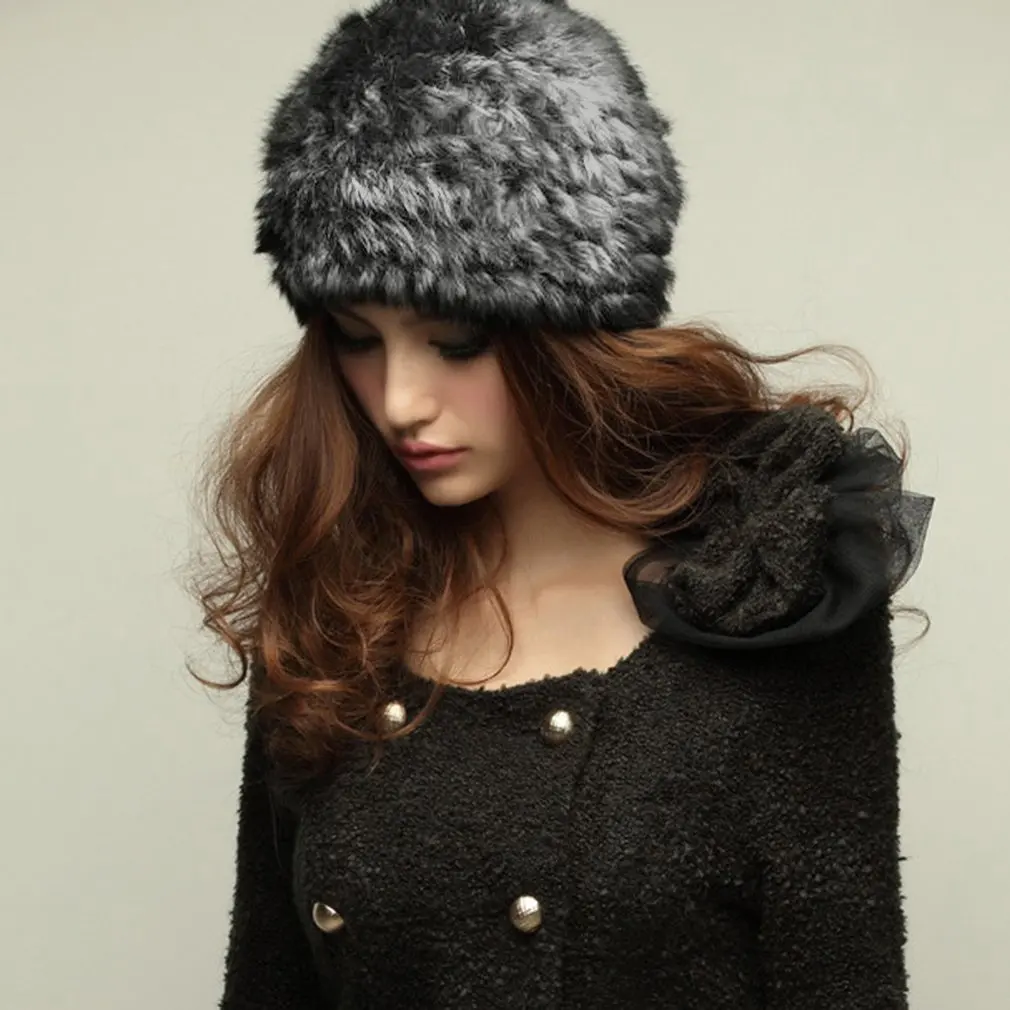 

Women Rabbit Fur Knitted Cap Ladies Knitting wool Fur Casual beanies caps cute Girls cap winter thick warm hats Russian Style