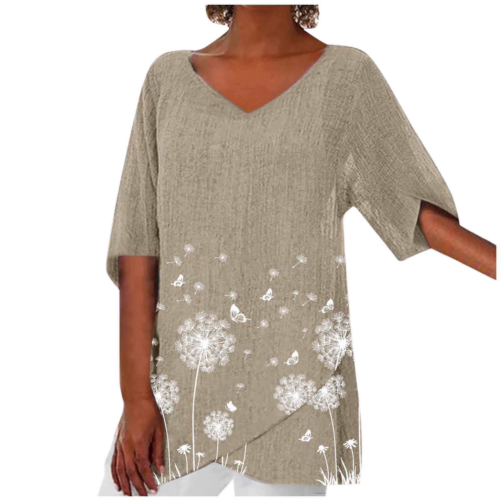 

Women’s Blouse Vintage Loose Flower Print V-neck Casual Summer Cotton Linen Middle Sleeve Irregular Top Streetwear Blusas Mujer