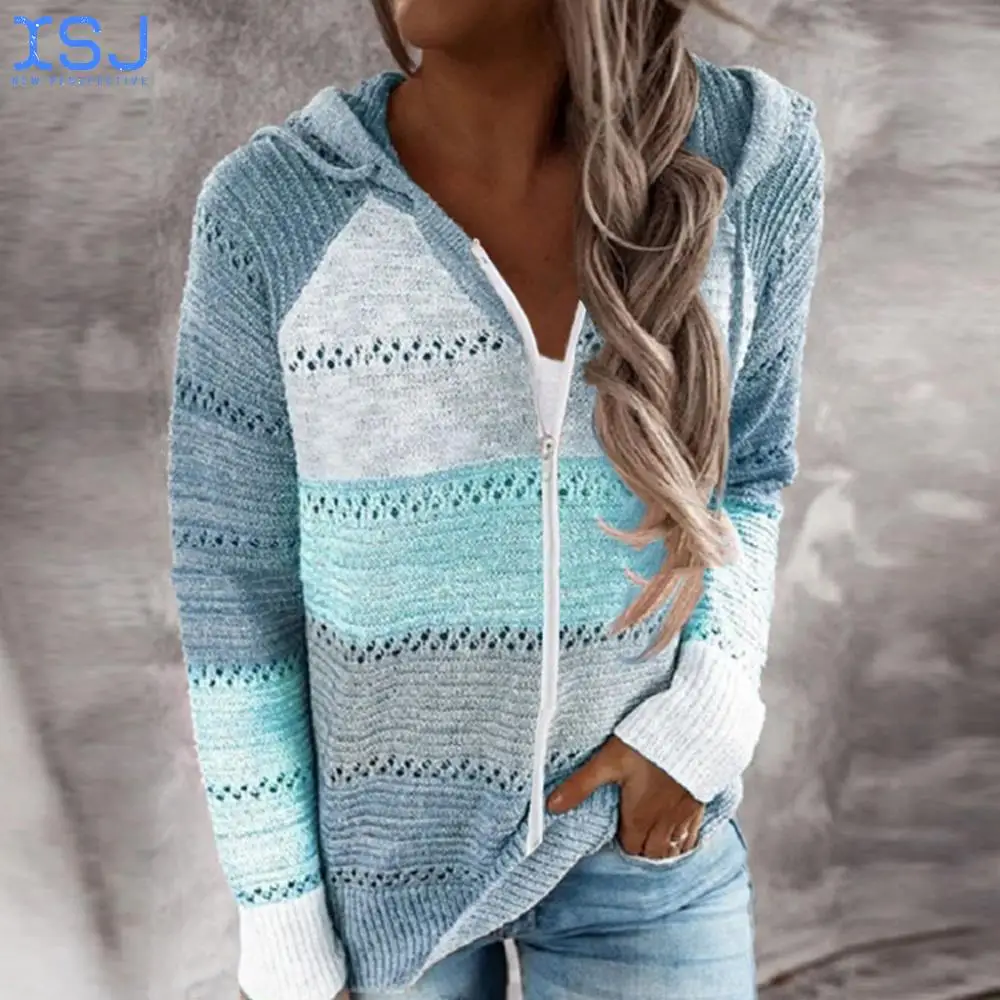 

Autumn Topswomen Sweater Casual Patchwork Long Sleeves Hooded Patchwork Sweater Cardigan Hollow Out Leisure