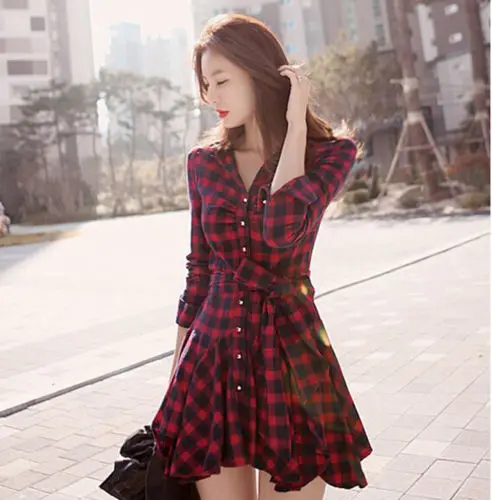 

Fashion Women Autumn Casual Long Sleeve Red Black Plaid Evening Party Short Mini Pleated Dress