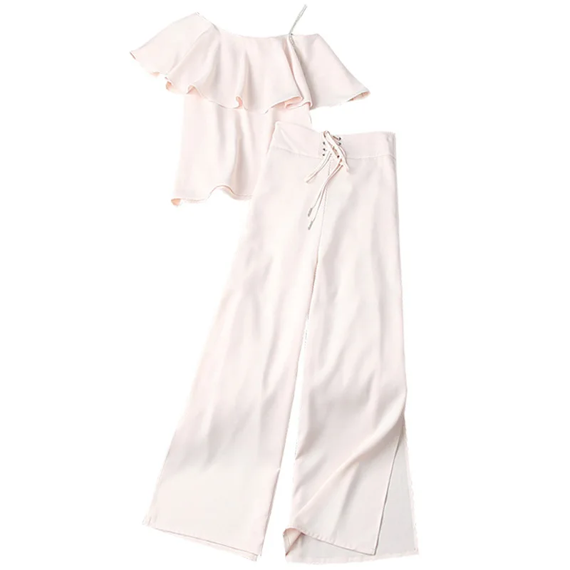 

Women high-end diamonds beading strap ruffles one shoulder tops blouse and long pants sexy pink two piece set spring summer 2021