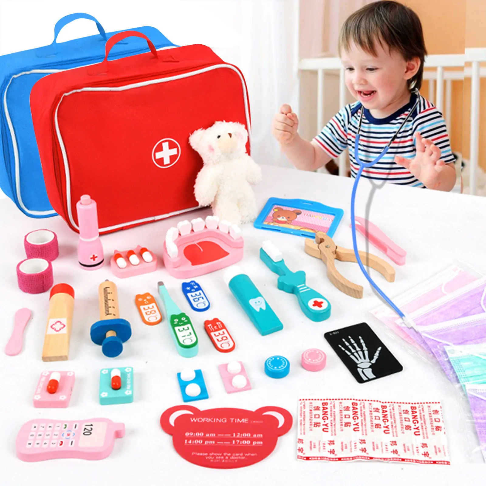 

Doctor Toys Kids Wooden Pretend Play Kit Games for Girls Boys Red Medical Dentist Medicine Box Cloth Bags for Children Set Gift