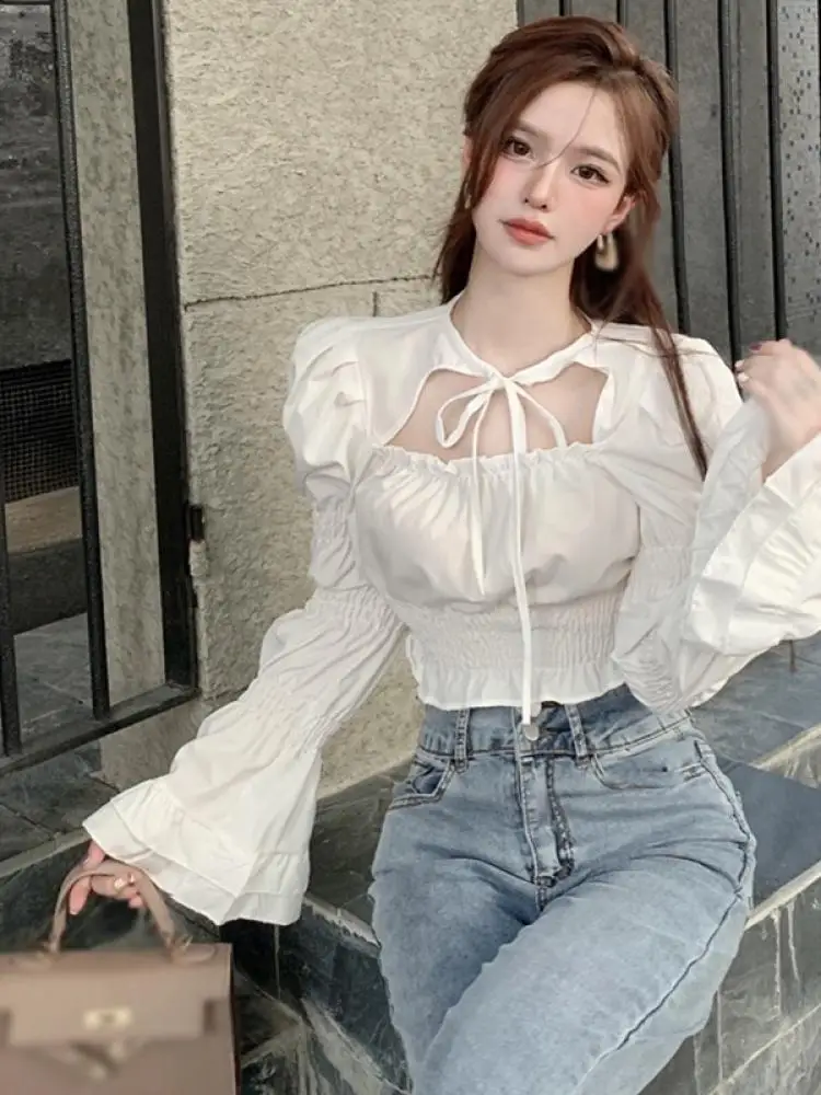 

New Women'S French Temperament Shirt Lightweight Lace Top Solid Color Ruffled Long Sleeve Trumpet Sleeve Casual T-Shirt