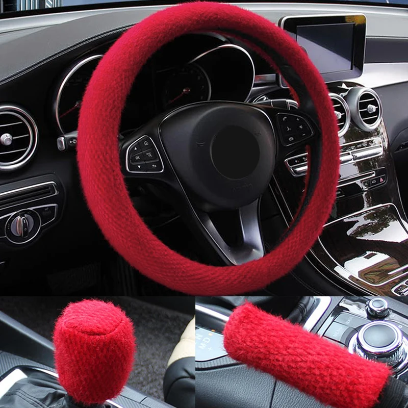 

3 In 1 Set Plush Car Steering Wheel Cover Gear Shift Knob Cover Hand Brake Cover Sleeve Car-mounted Hand Brake Gear Shift Collar