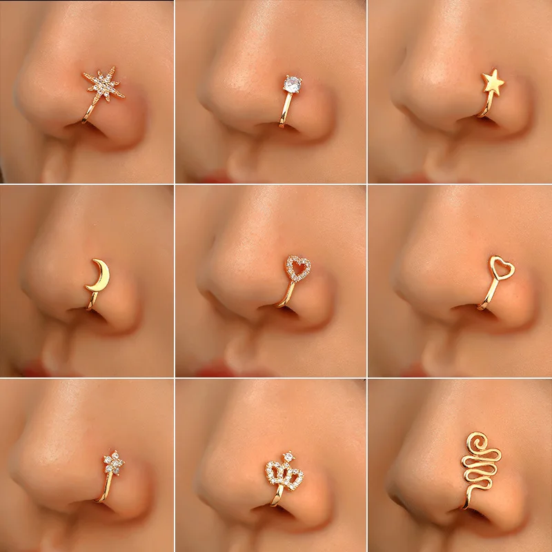 1Pc Copper Fake Piercing Nose Ring Heart Star Crown Clip On Nose Ear Clip Cuff Earring For Women Girl Gift Body Jewelry nariz