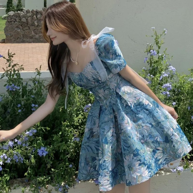 

Floral New 2021 Court Retro Style Dress Women Bowknot A-Line Elegant Lace Fairy Short Sleeve High Waist French Vintage Dress