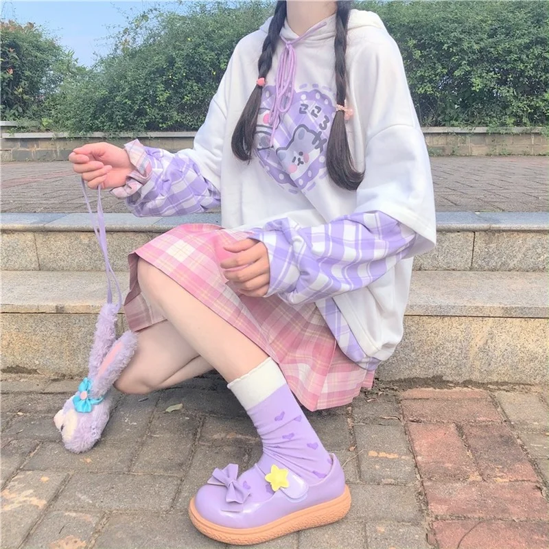 

Harajpoo Women Sweatshirt Japanese Sweet College Style Soft Girl Fake Two Piece Hooded Spring Summer Student Loose Pullover Tops