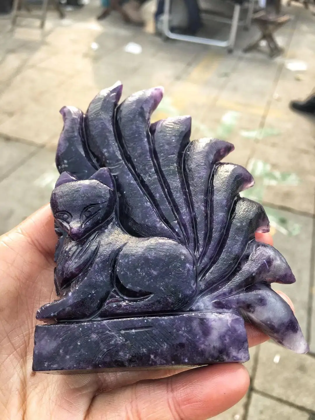 

Natural crystal dark purple dream Amethyst stone hand-carved selfstand nine-tailed fox for Household ornaments