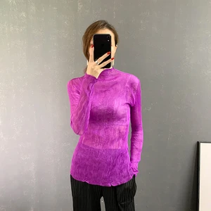 Miyake Pleated Bottoming Tops 2021 Autumn Womens Clothing New Slim Long-Sleeved Sexy Stretch Plus Size T-Shirts Female