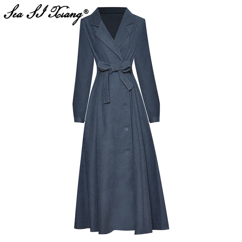 

Seasixiang Fashion Designer Autumn Long Dresss Women Turn-down Collar Long Sleeve Single Breasted Solid Lace Up Dresses