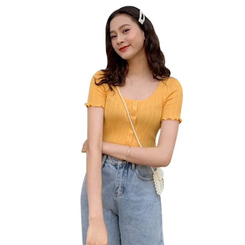 Летняя Милая женская трикотажная футболка короткий рукав Укороченная рубашка Unif