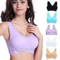 womens sports bra ladiesplain color front cross bra without frame side lace sports tops full cup bra vest tops