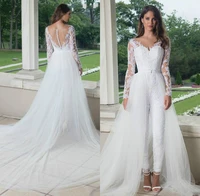 2020 modest overall bride dress sweep train overcoat v neck long sleeves illusion top applique wedding