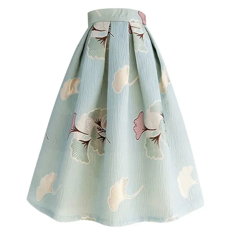 

Floral ginkgo leaf embroidered light blue gingko embroidered long pengpeng skirts for women faldas largas jupe longue femme
