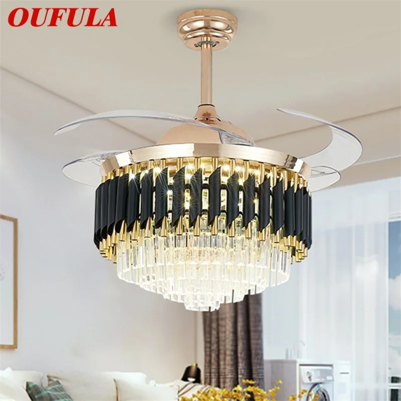 

OUFULA New Ceiling Fan Light Invisible Luxury Crystal LED Lamp With Remote Control Modern For Home