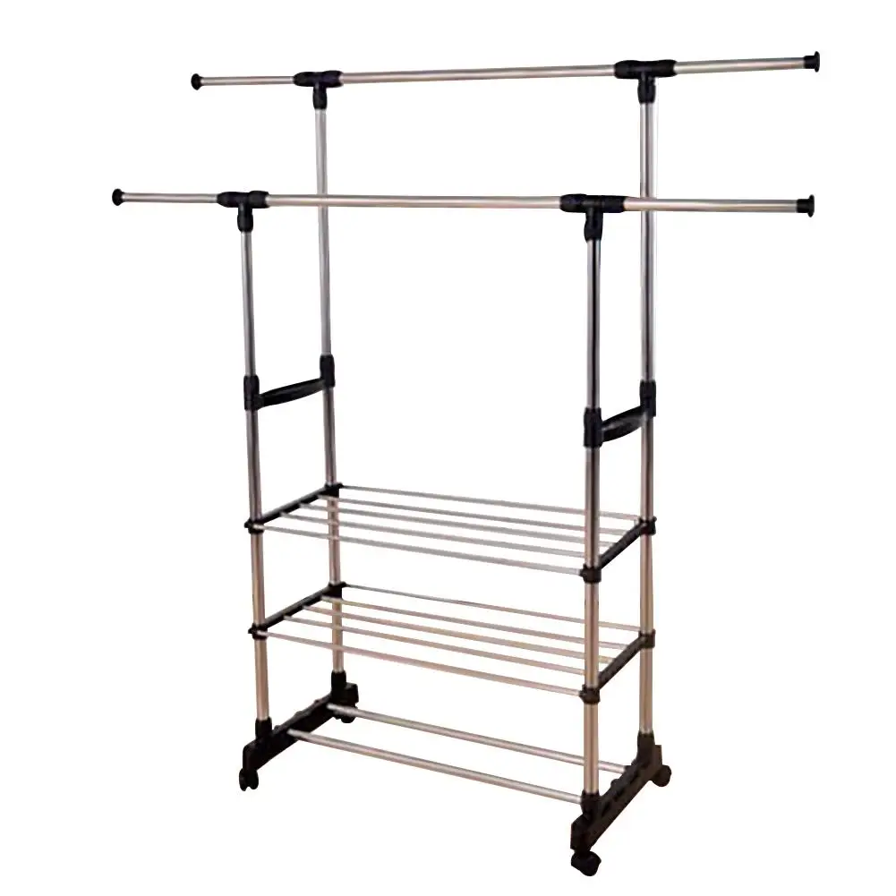 

3 Tiers Stainless Steel Clothing Garment Shoe Rack organizer shelf Dual Bars Horizontal Vertical Telescope Style #2W