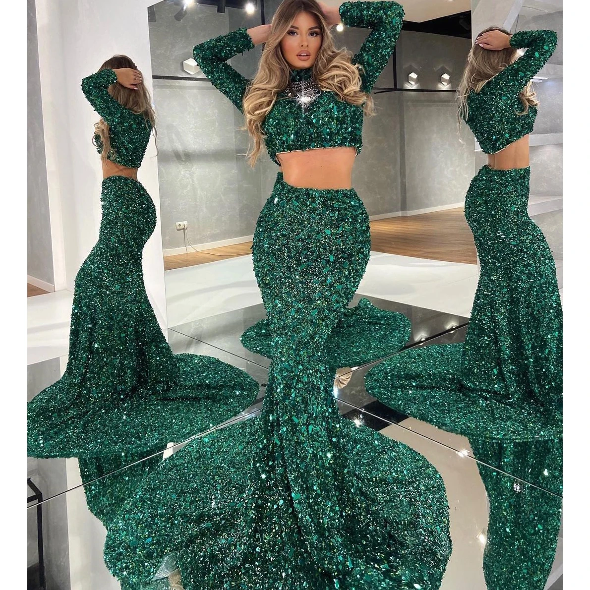 

Glitter Sexy Prom Dresses Two Pieces Long Sleeves Sequins Shiny Mermaid Long Party Dress Women Elegant Pageant Gowns Customized