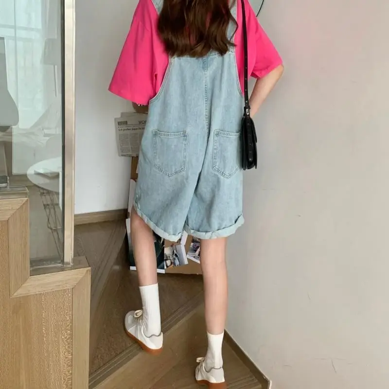 

Rompers Women Denim Embroidery Harajuku Wide-leg Roll Up Hem Loose Streetwear Hip-hop Students Stylish Ulzzang Chic Ins Trousers