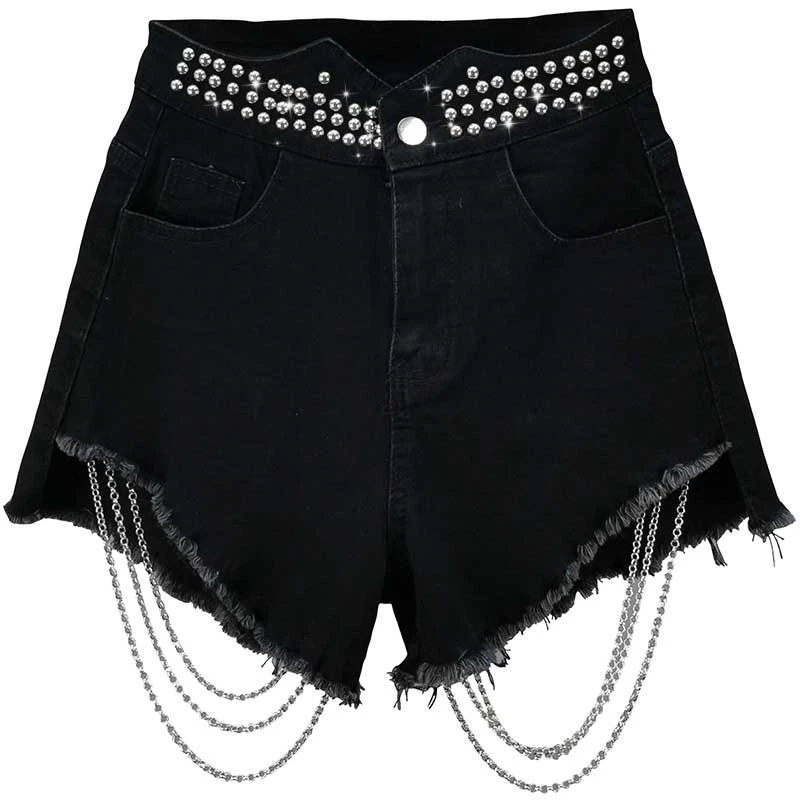 

Stretch Denim Shorts for Women 2021 Summer New High Waist Short Jeans Slim Fit Chain Tassel Wide Legs Shorts Woman Hot Pants