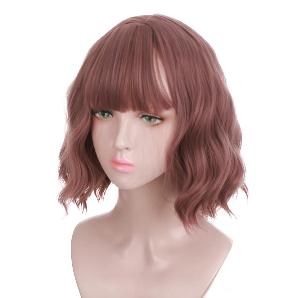 AILIADE Short Synthetic Wigs with Bangs for Women Green Orange Water Wave Bob Wigs Heat Resistant Lolita Cosplay False Hair